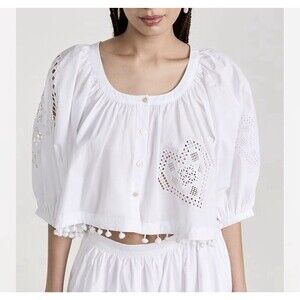 NWT Rhode Banks Top Cropped White Heart Eyelet Pom Pom Embroidered Size S
